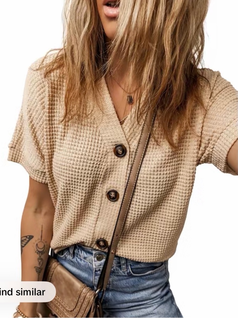 Dokotoo Waffle Knit Button Down Top Large | Neutral Oversized Summer Shirt
